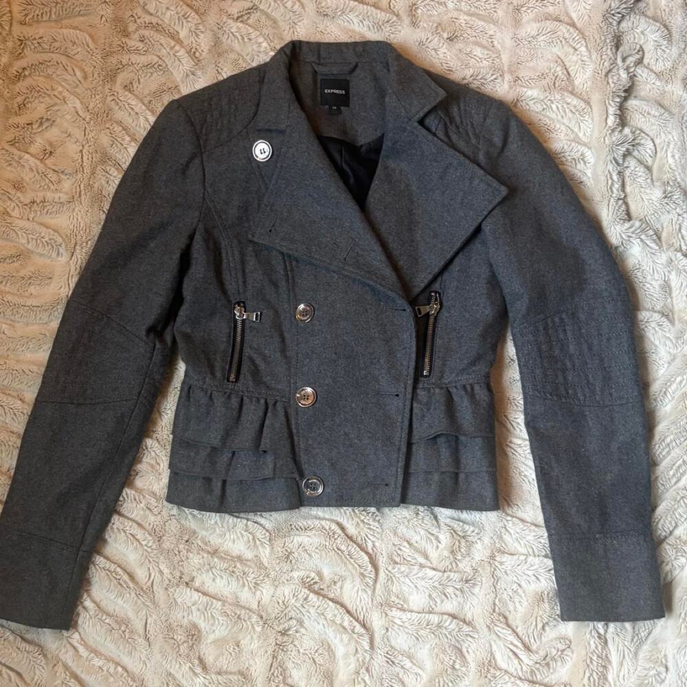Vintage Express Grey Ruffle Peplum Moto Jacket size xs